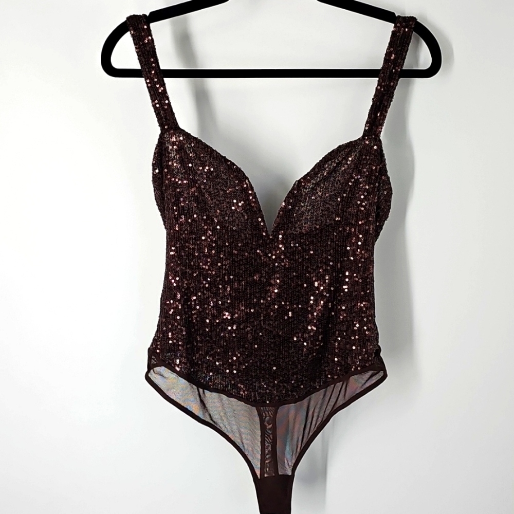 Free People Intimately Hot Cocoa Brown Sequin Sparks Fly Tank Top Bodysuit - Picture 12 of 16